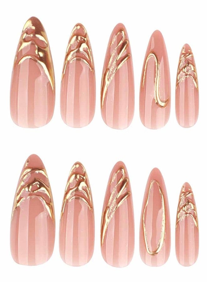 Foccna Gold Press on Nails Short Almond Fake Nails with Acrylic Nails Glossy Full Cover Stick on Nails for Women 24Pcs - Image 4